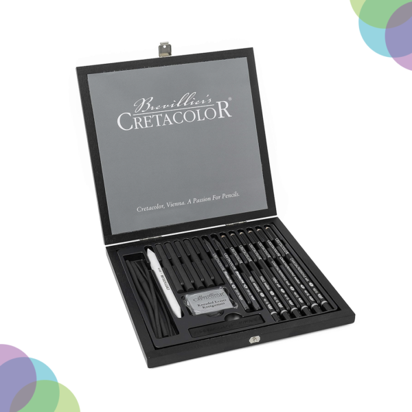 CRETACOLOR Black Box Charcoal Drawing Set of 20 - Wooden Box