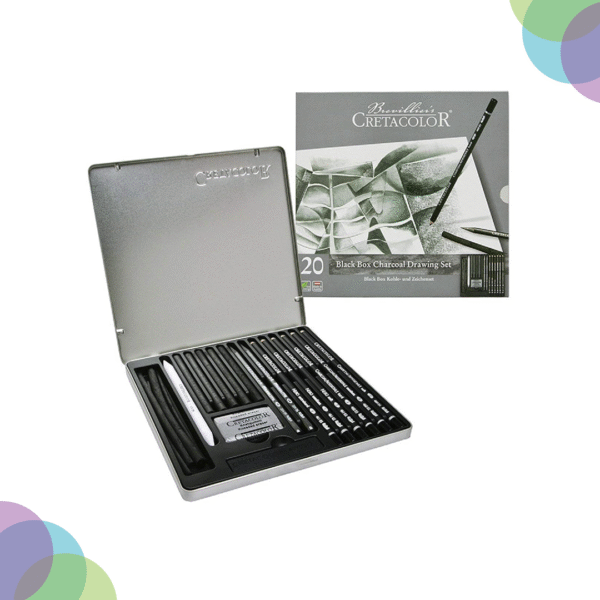 CRETACOLOR Black Box Charcoal Drawing Set of 20 - Tin Box